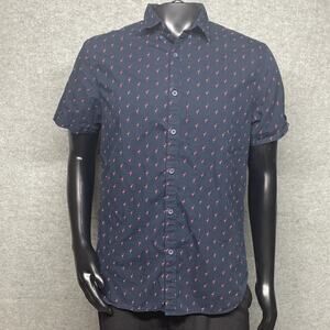 Cactus Man Large Ricky Singh Slim Fit Short Sleeve Button-Up Navy Shirt Flamingo